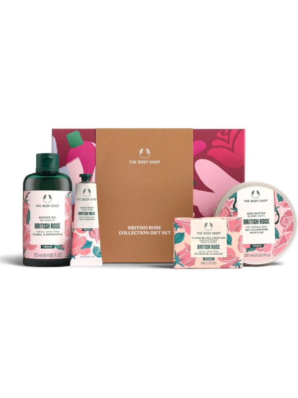 Vegan British Rose Gift Set - 4 Piece Shower Gel, Body Butter, Hand Cream, Soap